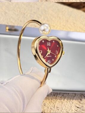 Gold Heart Bangle Watch with Red Dial and Pearl Accent